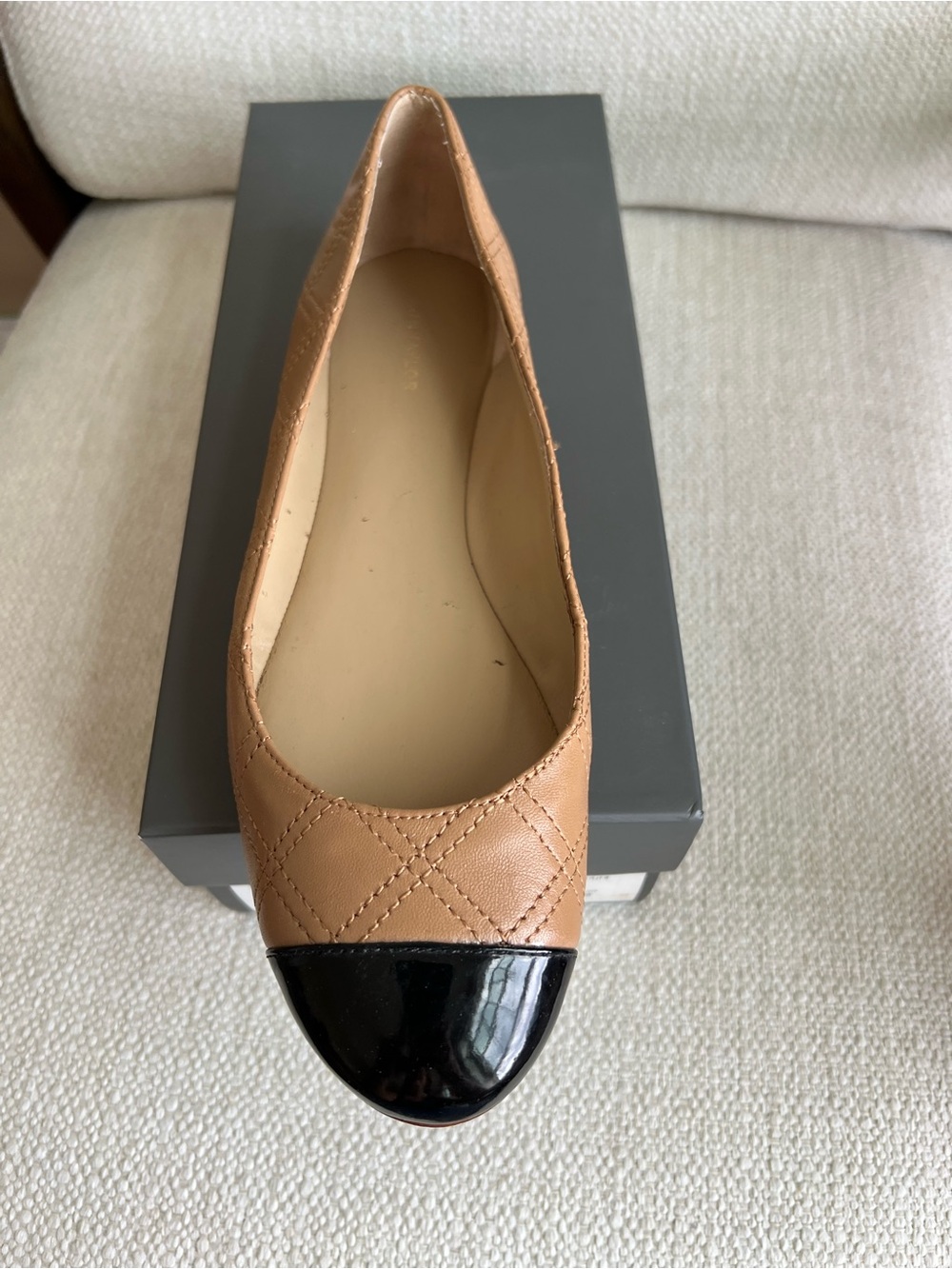 Ann Taylor Quilted Tan Ballet Flat with Black Cap Toe